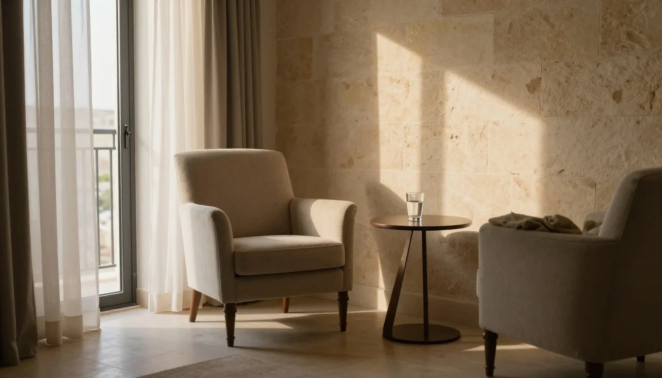 A quiet consultation workspace with a notebook, a glass of water and an empty chair in morning light