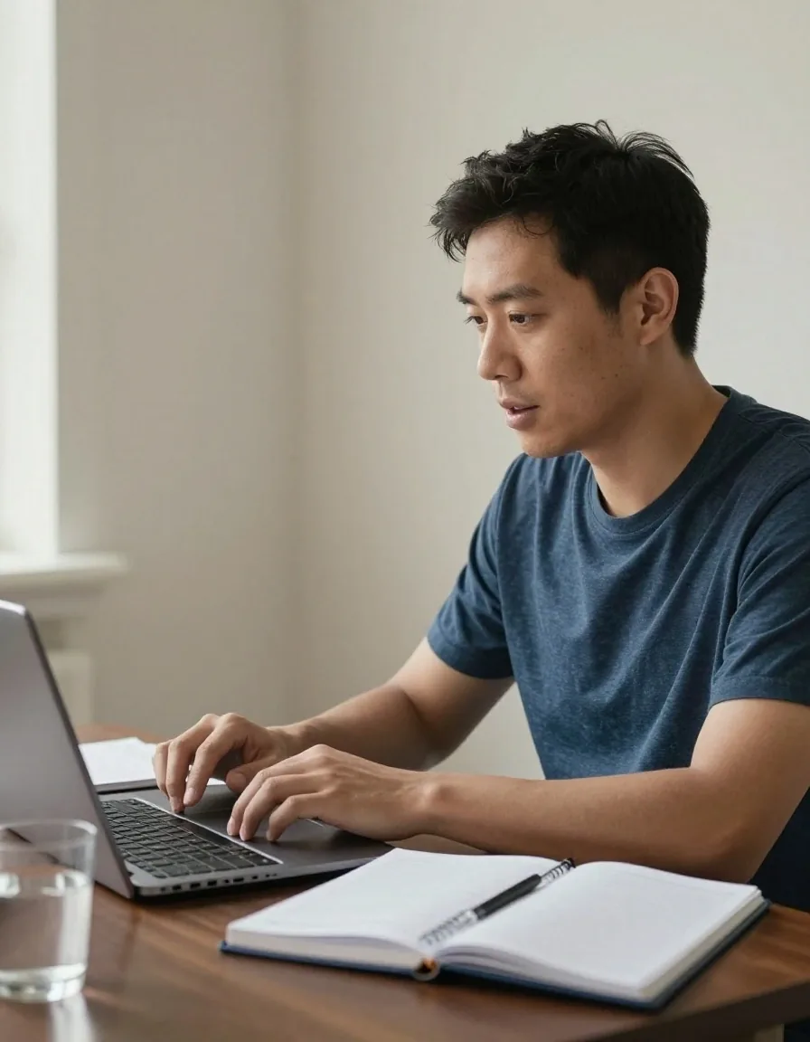 A nutritionist speaking during an online video consultation, seen from the side at a desk