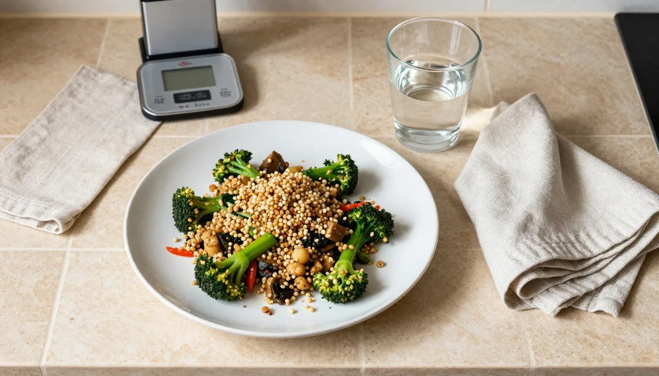 A plate of food, a glass of water and a kitchen scale arranged on a cool kitchen surface