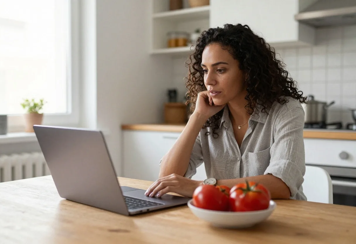 A woman mid-conversation during a video nutrition consultation at her kitchen table