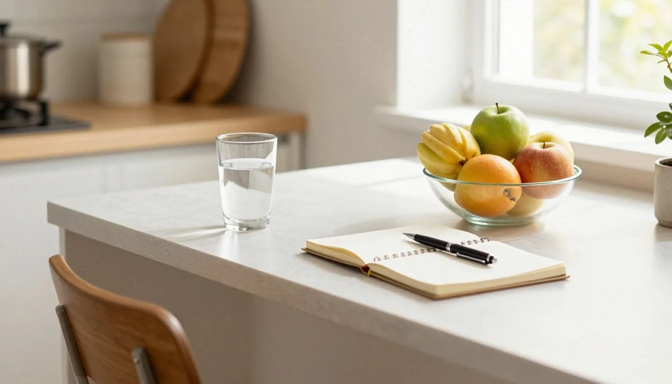 A nutrition consultation desk in the morning with a laptop, notepad, glass of water and fruit set out before an online appointment