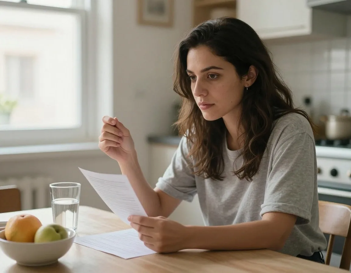 A woman sitting at her kitchen table holding a blood test result sheet, preparing for a nutrition consultation