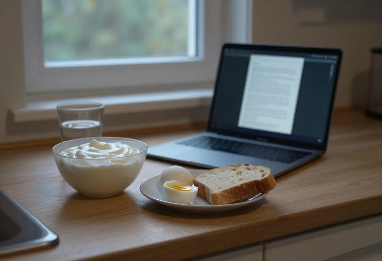 An overhead view of a simple breakfast of eggs, Maltese bread and yoghurt on a kitchen counter