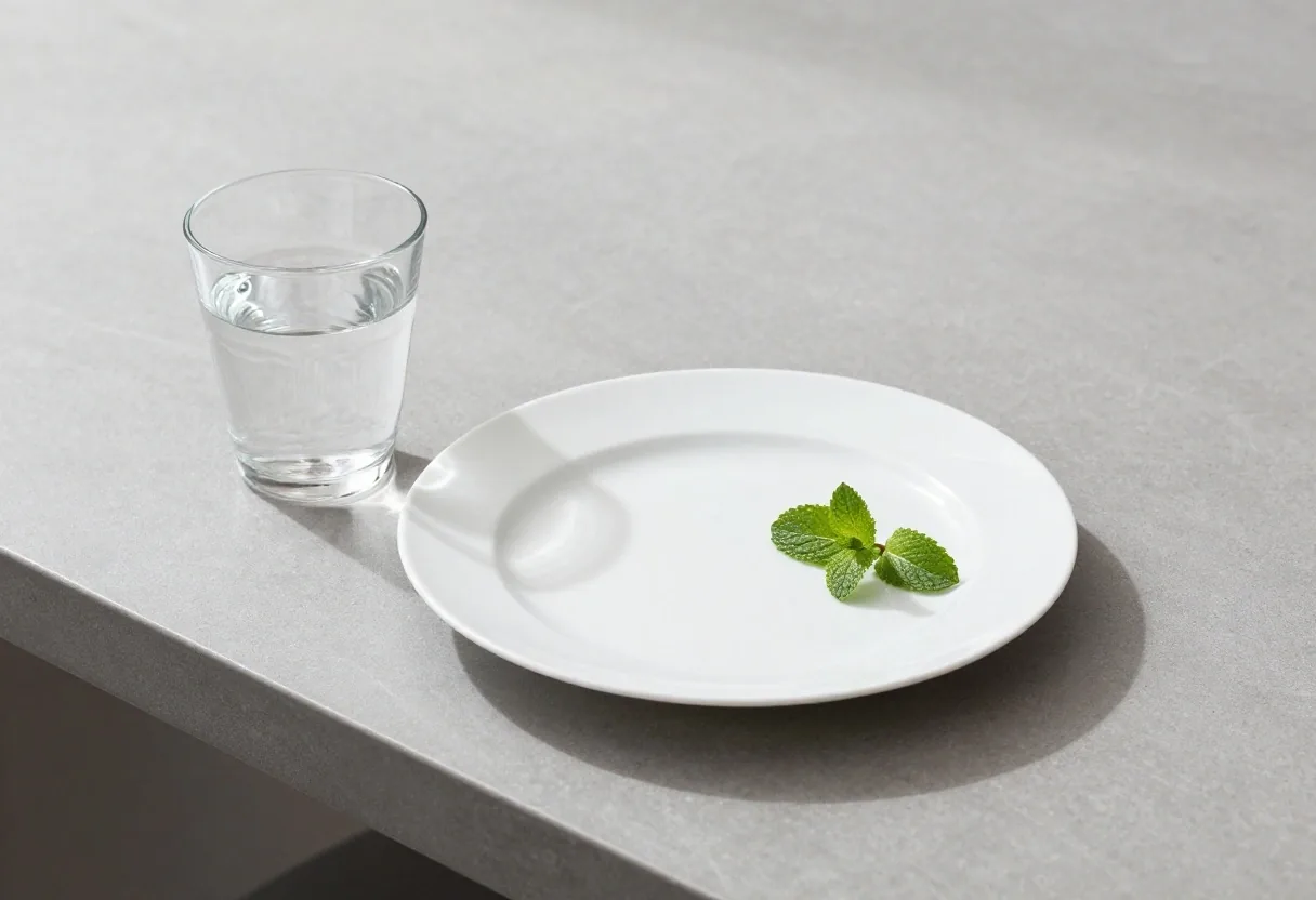 A glass of cold water beside the edge of a white plate on a cool worktop in morning light