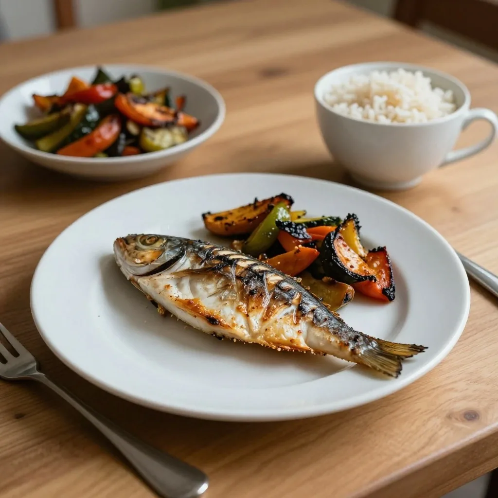 A plain white plate showing a palm-sized portion of fish, two handfuls of vegetables and a cupped hand of rice