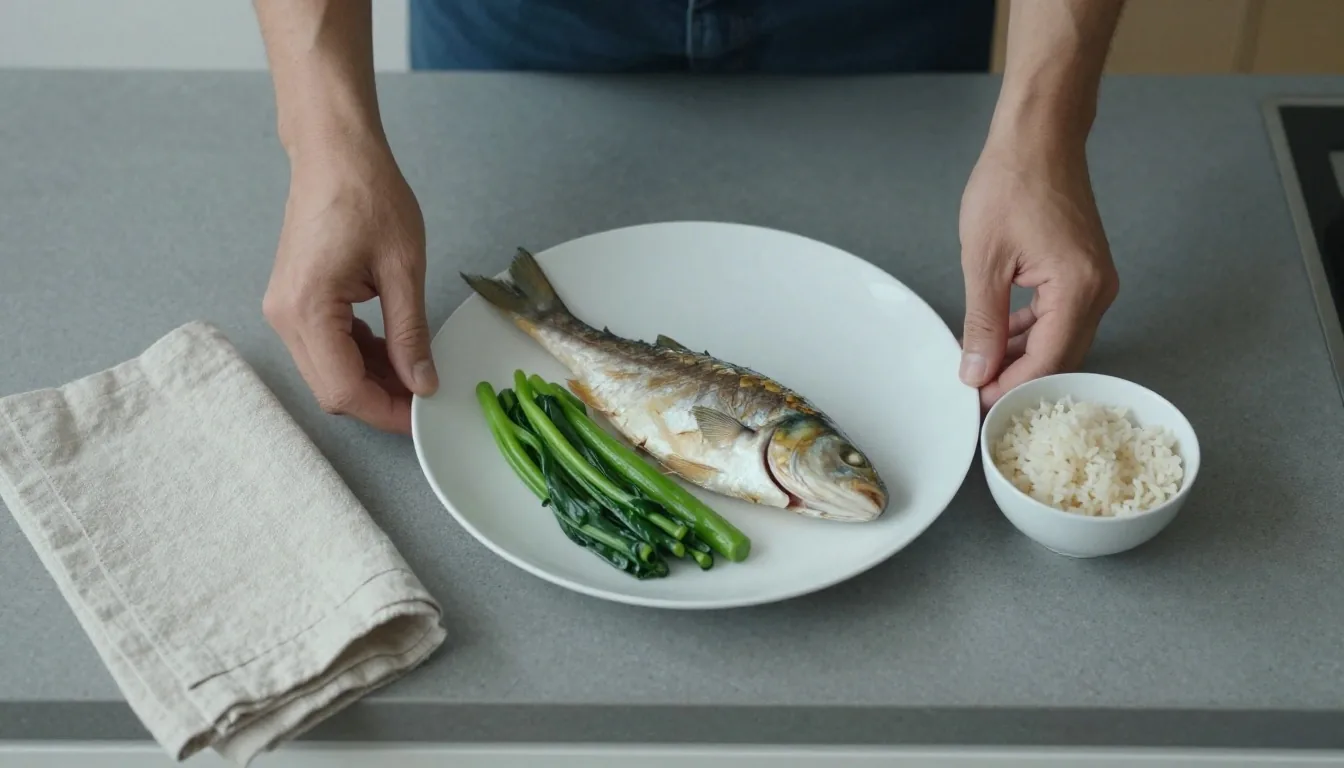 Overhead view of hands arranging a simple portioned lunch on a cool kitchen worktop