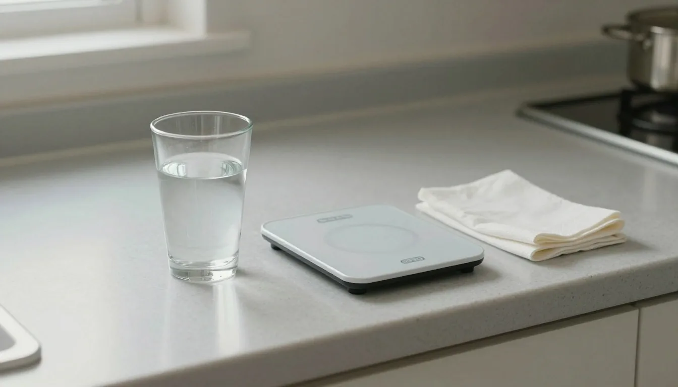 A glass of water, a small scale and a pencil laid out on a kitchen counter