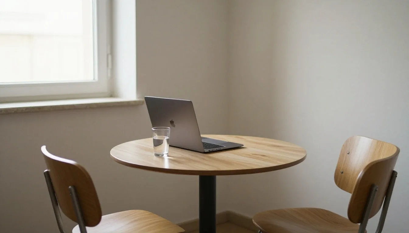 A nutrition consultation desk prepared before a morning video call, with the chair pulled back
